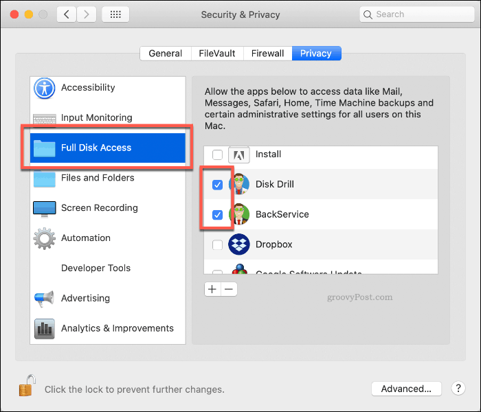Mengesahkan akses drive penuh ke Disk Drill pada macOS
