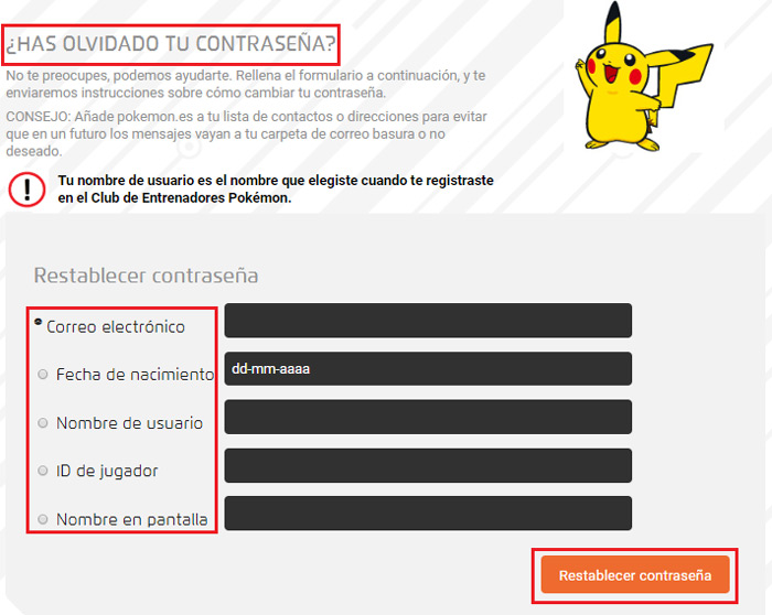 lösenord återställningsformulär i Pokémon go