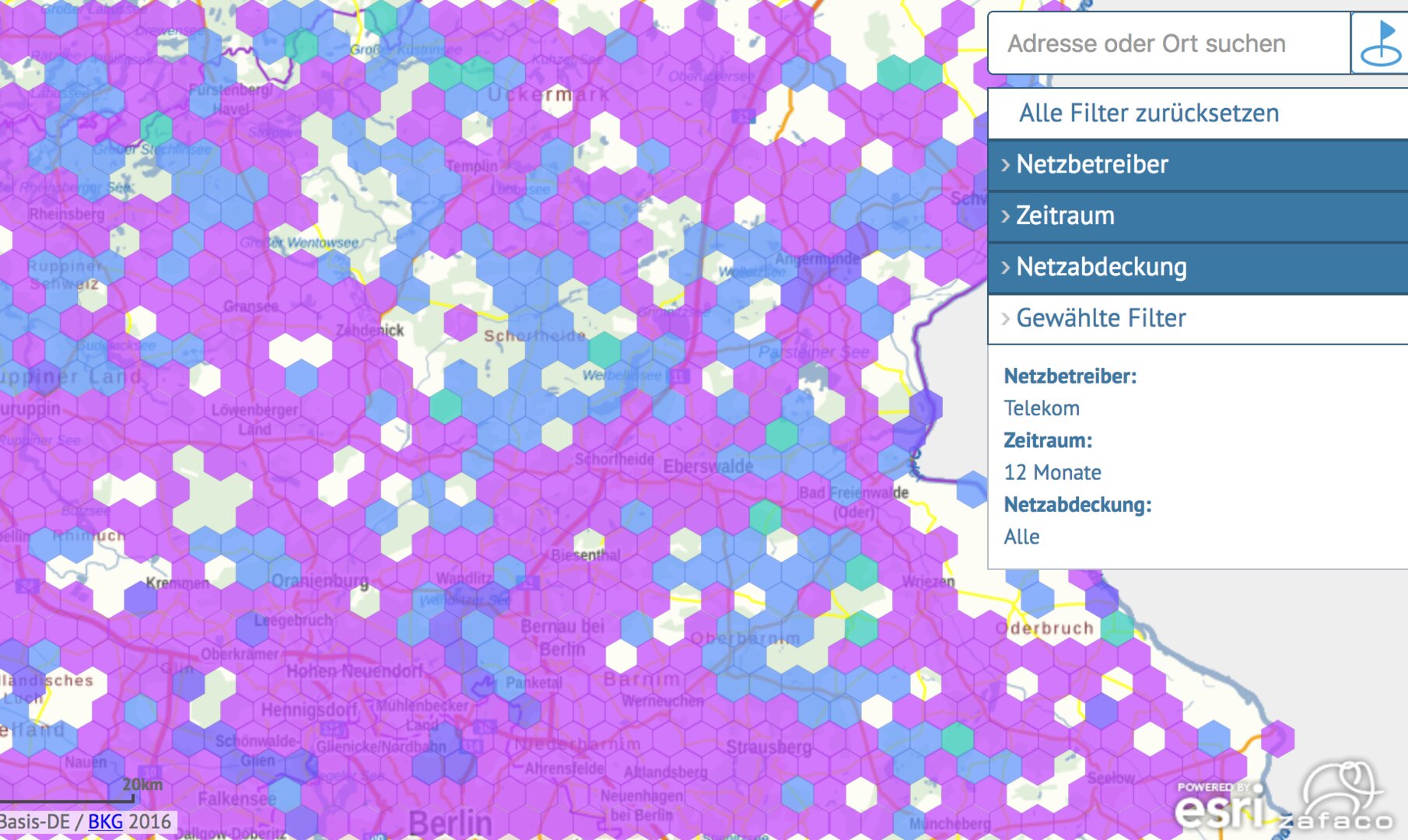 Telekom norr Berlin: Lila motsvarar LTE, resten är långsammare