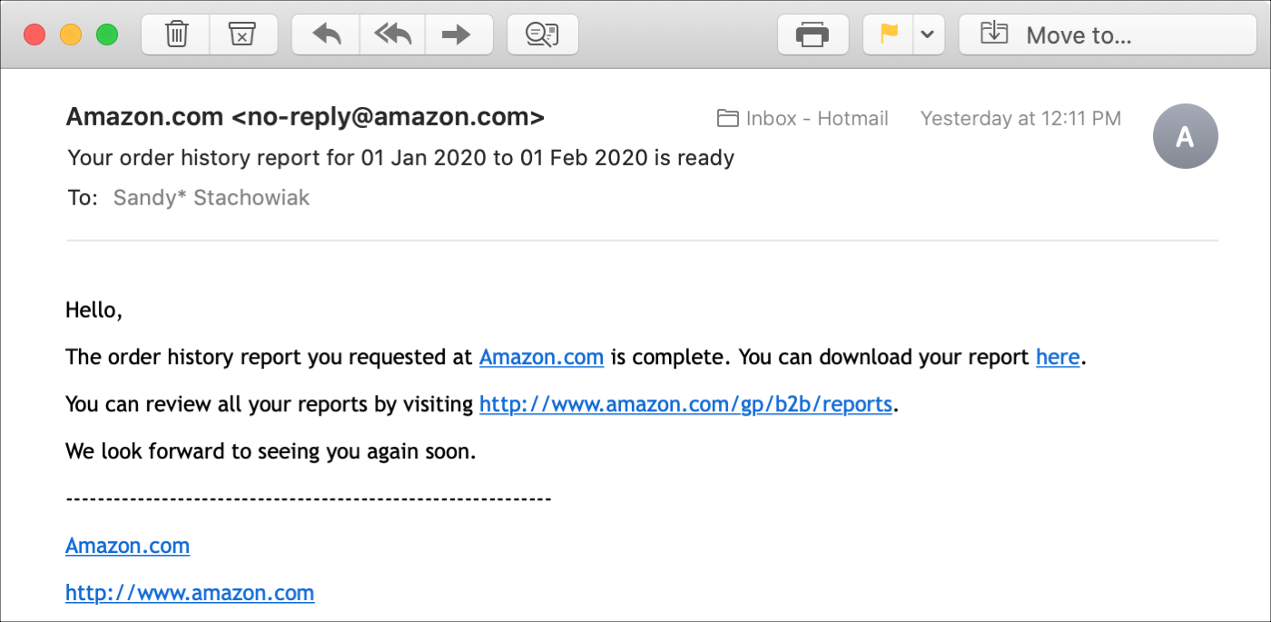Amazon Begär historikrapport E-postrapport
