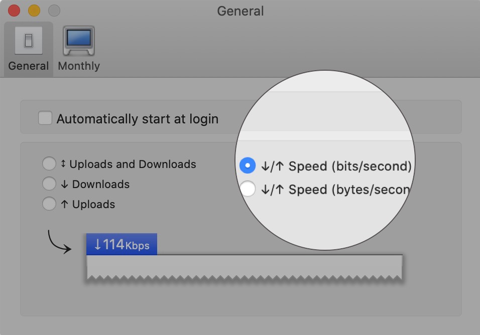 Pilih Kecepatan (bit: detik) di Tab Umum pada Mac