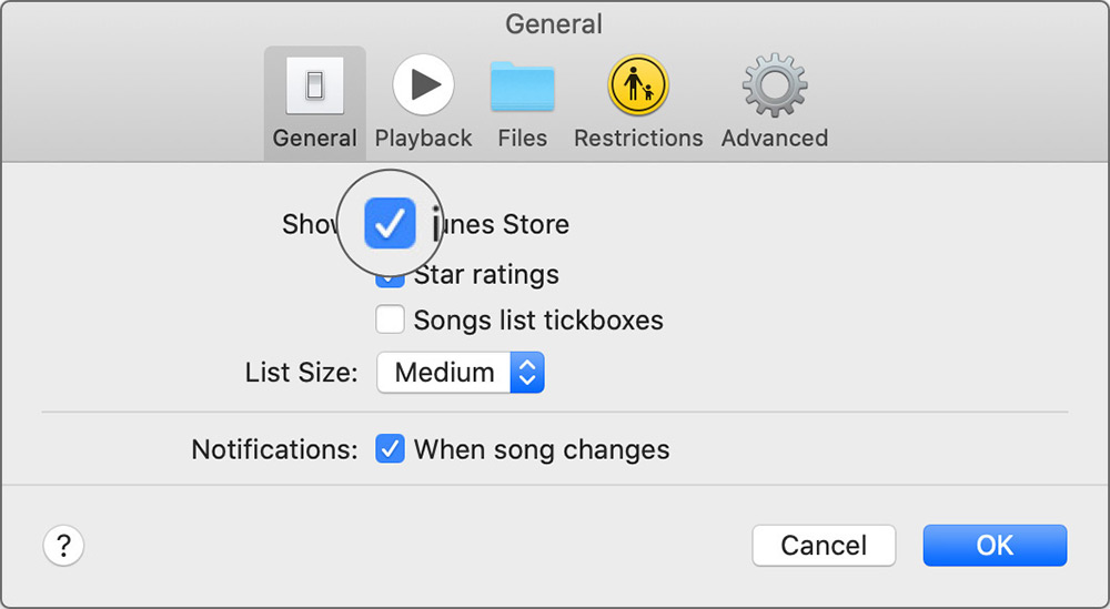 Välj iTunes Store i inställningarna för musikprogram på Mac