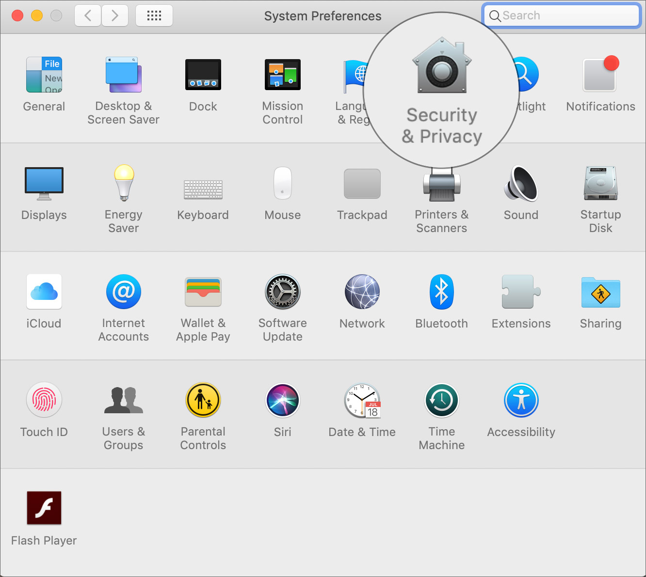 Klicka på Säkerhet och sekretess i Mac Systeminställningar