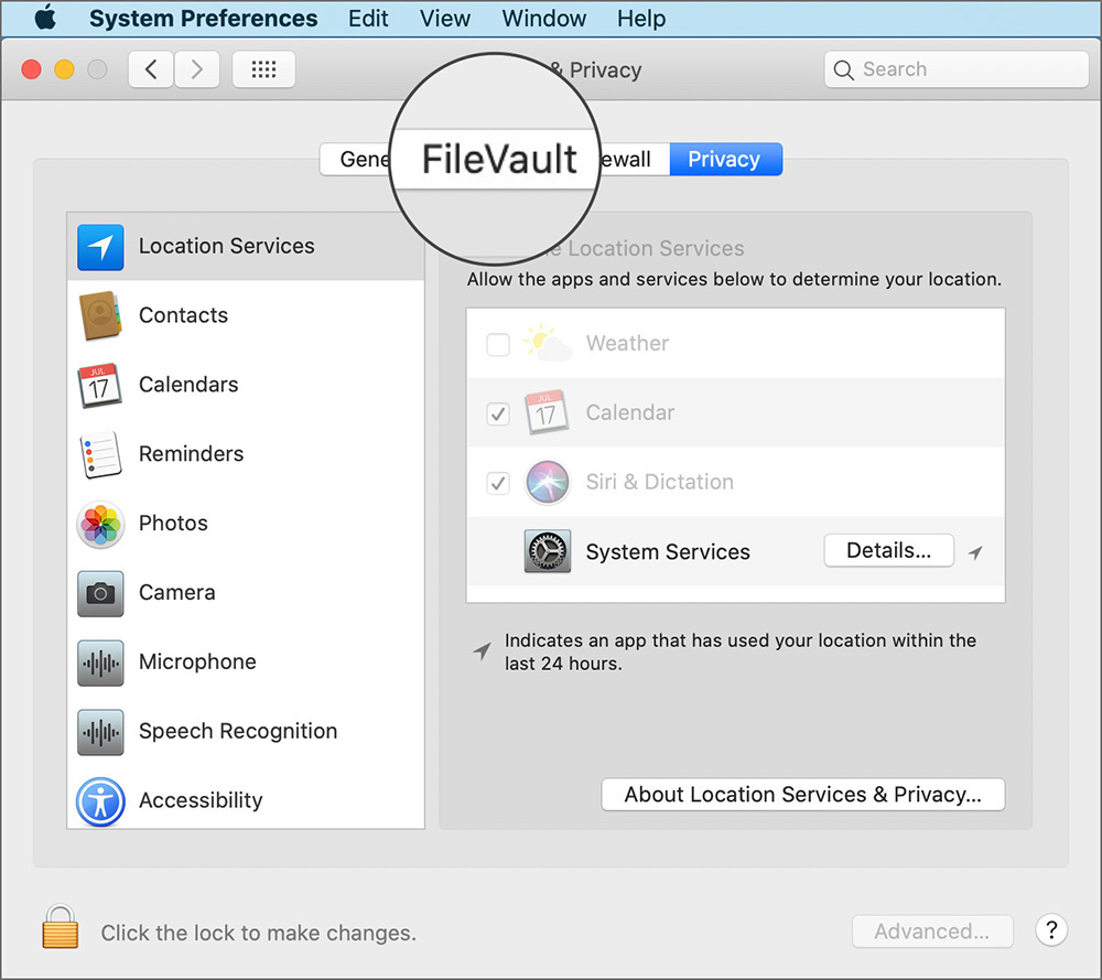 Välj FileVault-fliken i Säkerhet och sekretess på Mac
