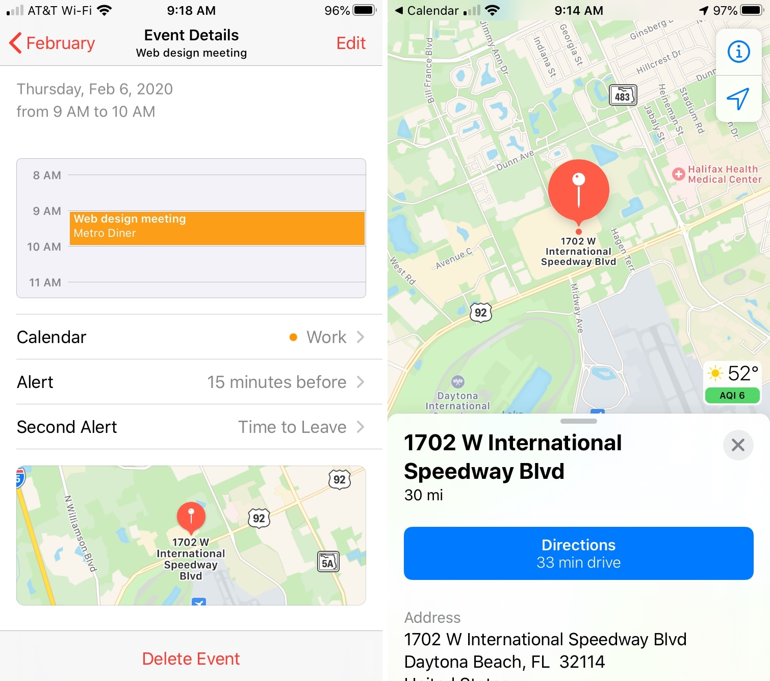 Kalender iPhone dengan lokasi di peta