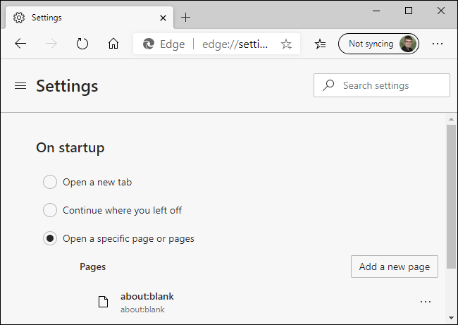 Menghapus about: blank dari halaman startup Microsoft Edge yang baru