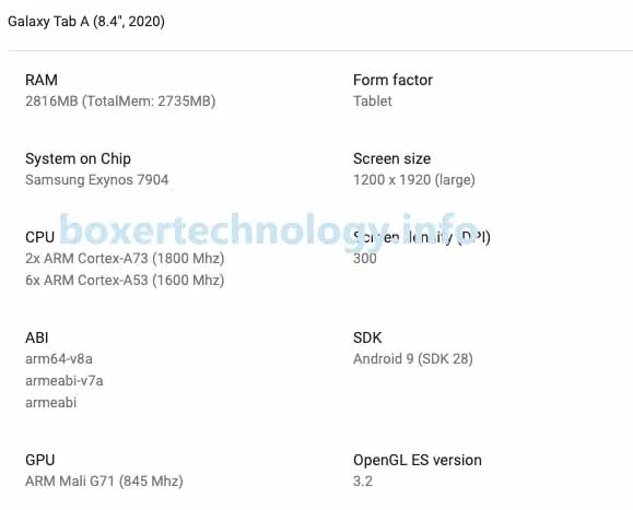 Specifikationer som filtreras Samsung Galaxy Tab A 8.4 (2020)