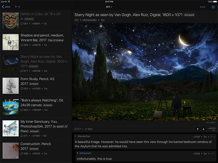 Läsare för skärmdump av Reddit iPad-applikationen
