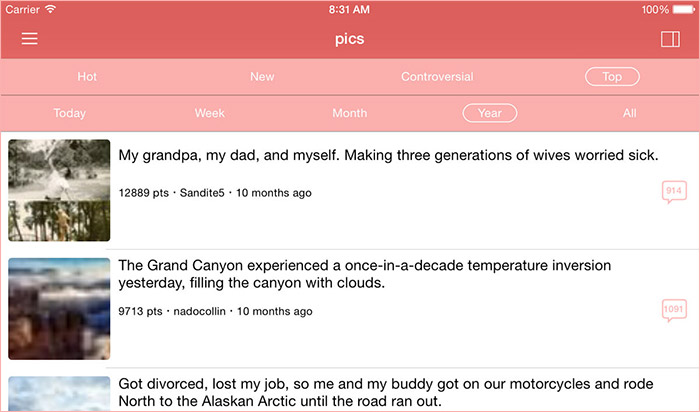 Skärmdump av Redditor iPad Reddit App