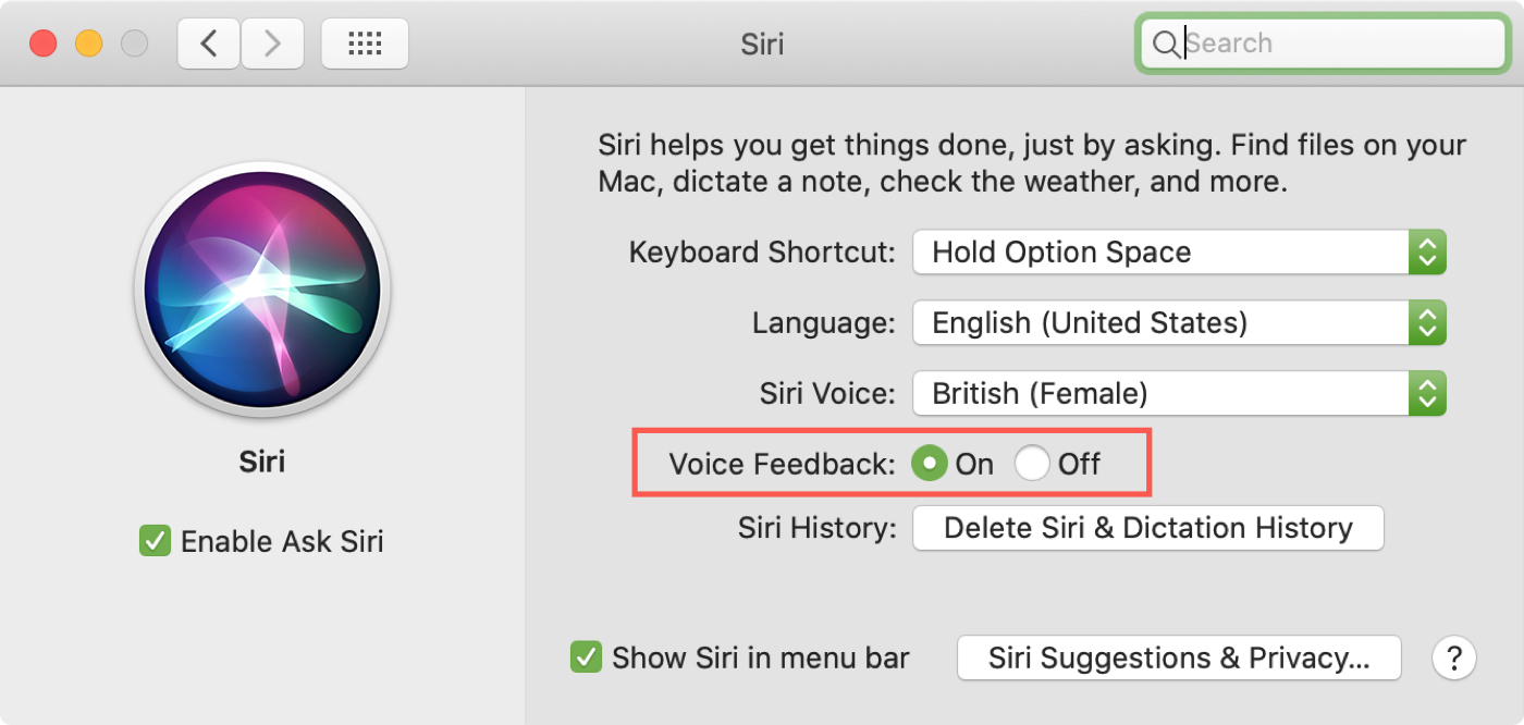 Umpan Balik Siri Voice Mac