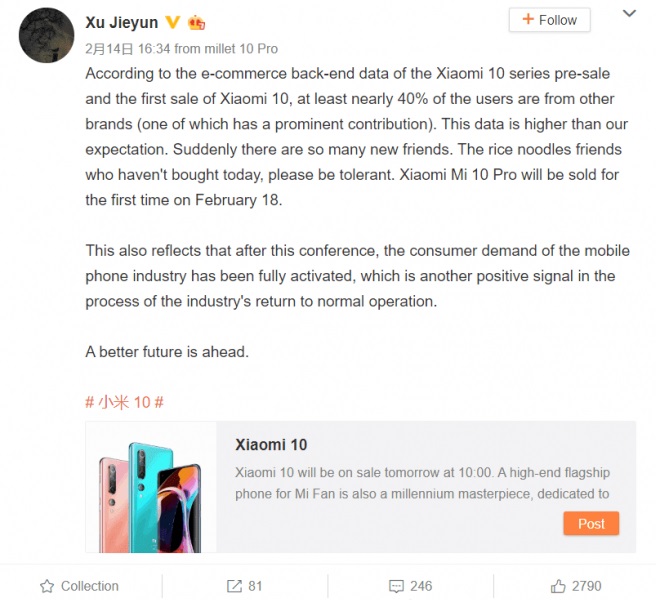 Xiaomi Mi 10: 40% av köparna kommer från konkurrerande varumärken 2