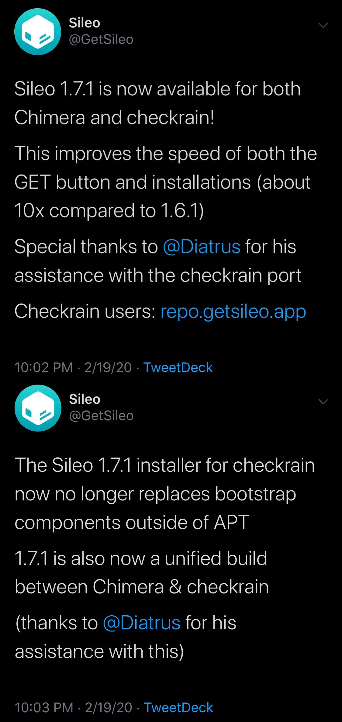 Sileo v1.7.1 släpptes officiellt för användare av Chimera jimebreak och checkra1n 3