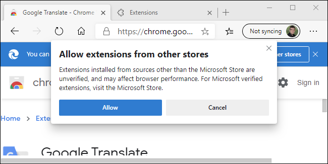 Peringatan Edge tentang Toko Web Chrome