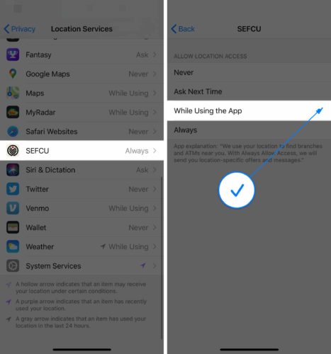 iPhone ger platsåtkomst när du använder applikationen