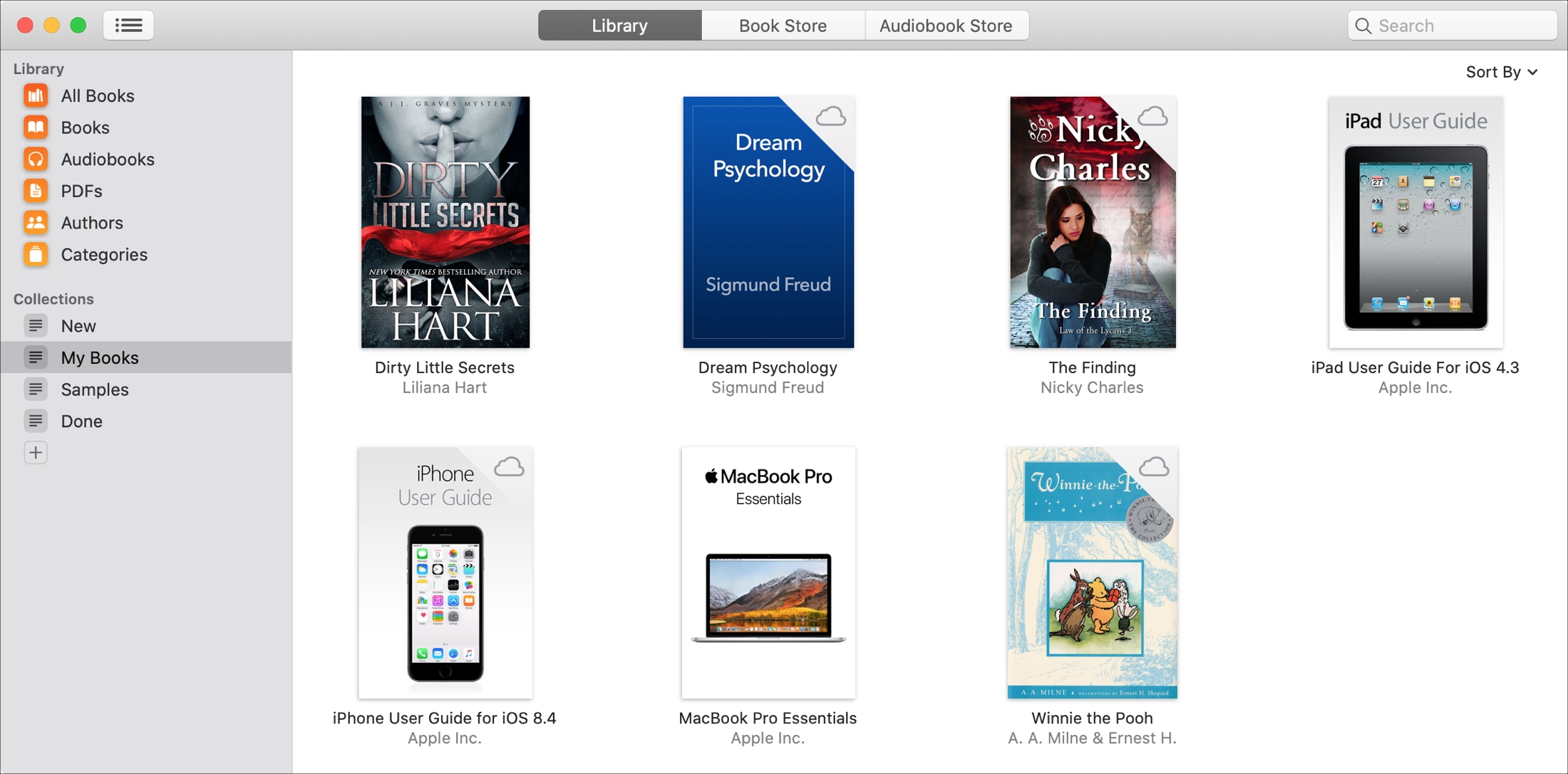 Apple-bibliotek med böcker på Mac My Books