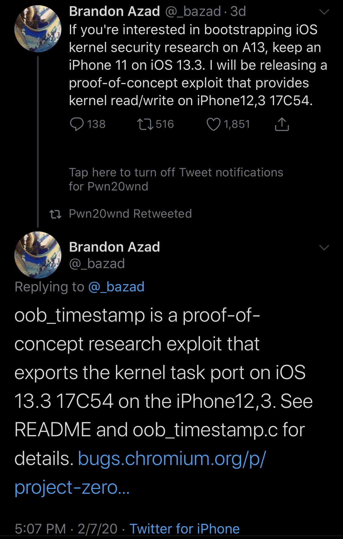 Brandon Azad secara resmi merilis exploit Timestamp OOB untuk iOS 13.0-13.3 3