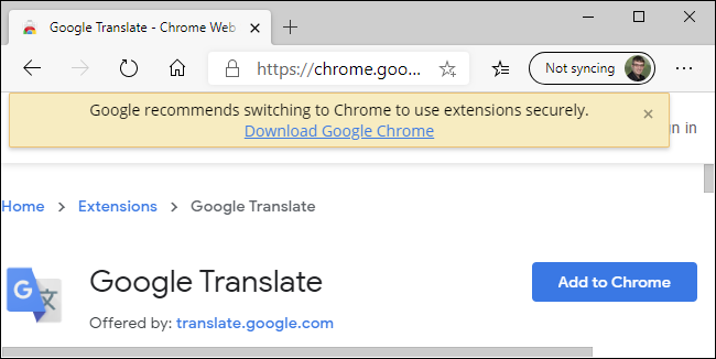 Peringatan Toko Web Chrome tentang Edge