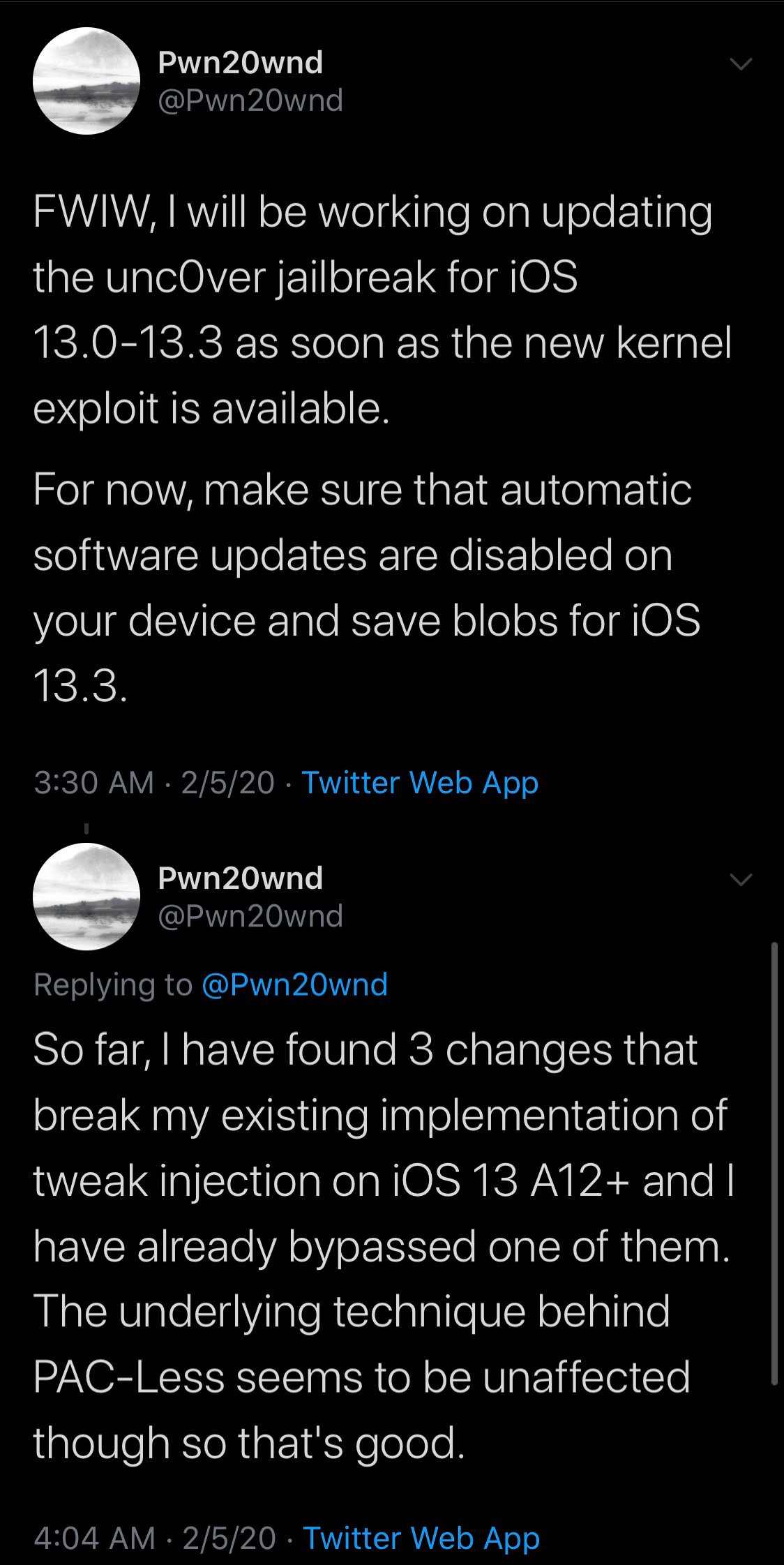 Pwn20wnd avslöjade planer för att uppdatera unc0ver för iOS 13.0-13.3 med utnyttjandet av Brandon Azad 3
