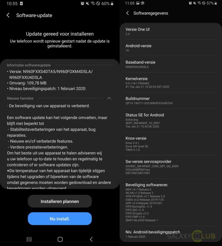 Uppdatering av Galaxy Note 9 februari 2020 Listförändringar till n960fxxs4dta5