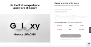 Cuplikan layar halaman web pendaftaran Samsung