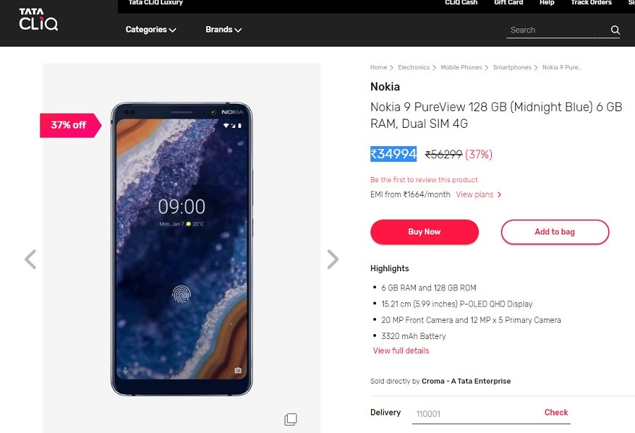 TATA Cliq menurunkan harga Nokia 9 PureView