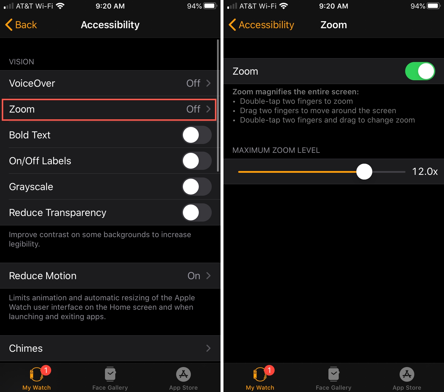 Pengaturan zoom di aplikasi iPhone Watch