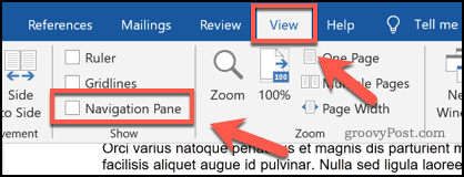 Mengaktifkan panel navigasi di Microsoft Word