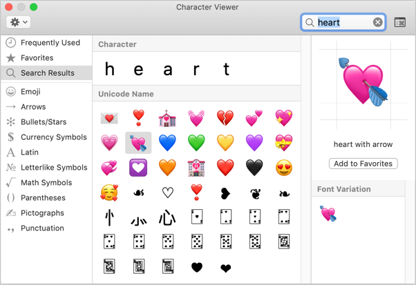 Biểu tượng trái tim trong Trình xem nhân vật Mac