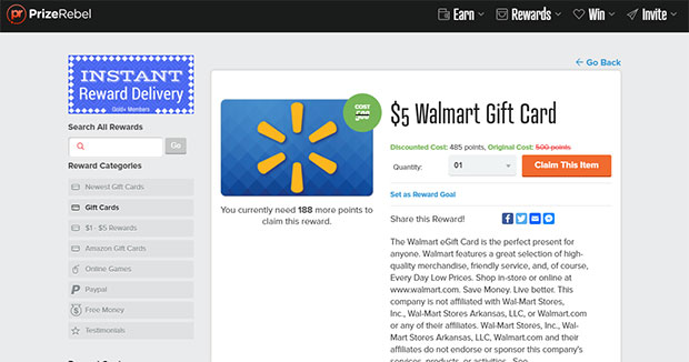 PrizeRebel - kiếm thẻ quà tặng Walmart miễn phí