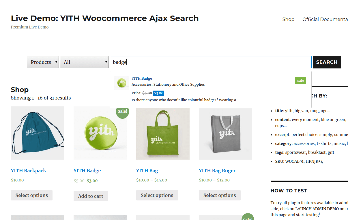 YITH WooCraft Ajax Tìm kiếm