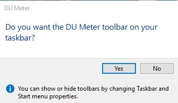 Nhấp vào 'Có' để thêm thanh công cụ DU Meter trên Thanh tác vụ