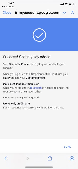 iPhone - Khóa bảo mật của Google - Thành công