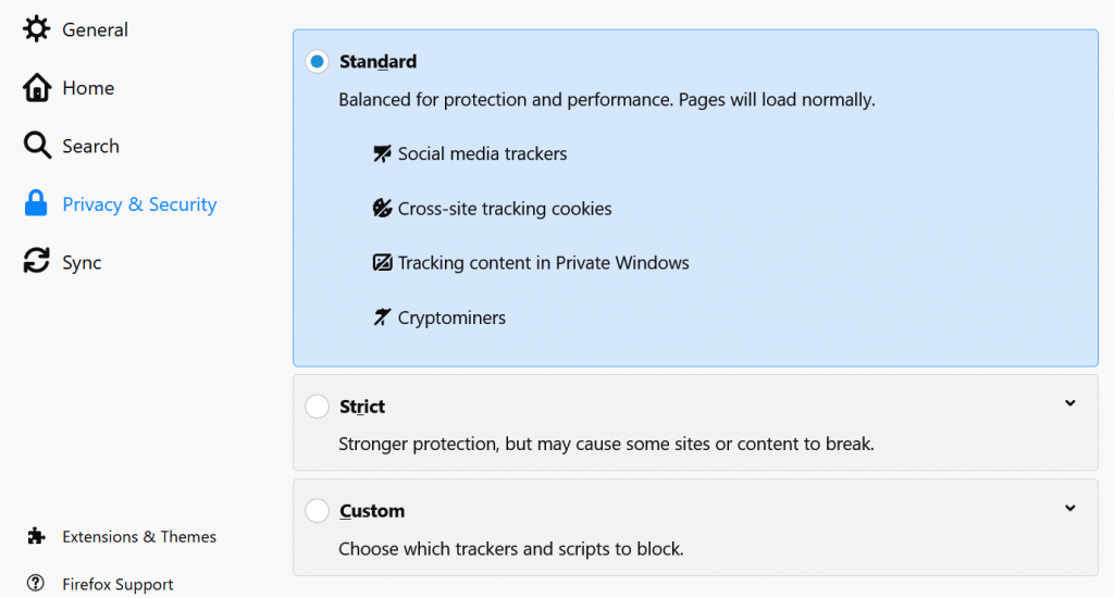 Đặt bảo vệ tiêu chuẩn trong Firefox