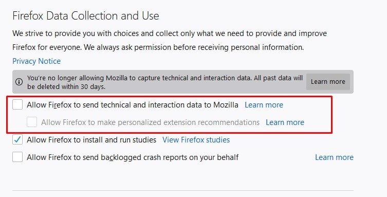 Bỏ chọn tùy chọn 'Cho phép Firefox gửi dữ liệu kỹ thuật và tương tác tới Mozilla'