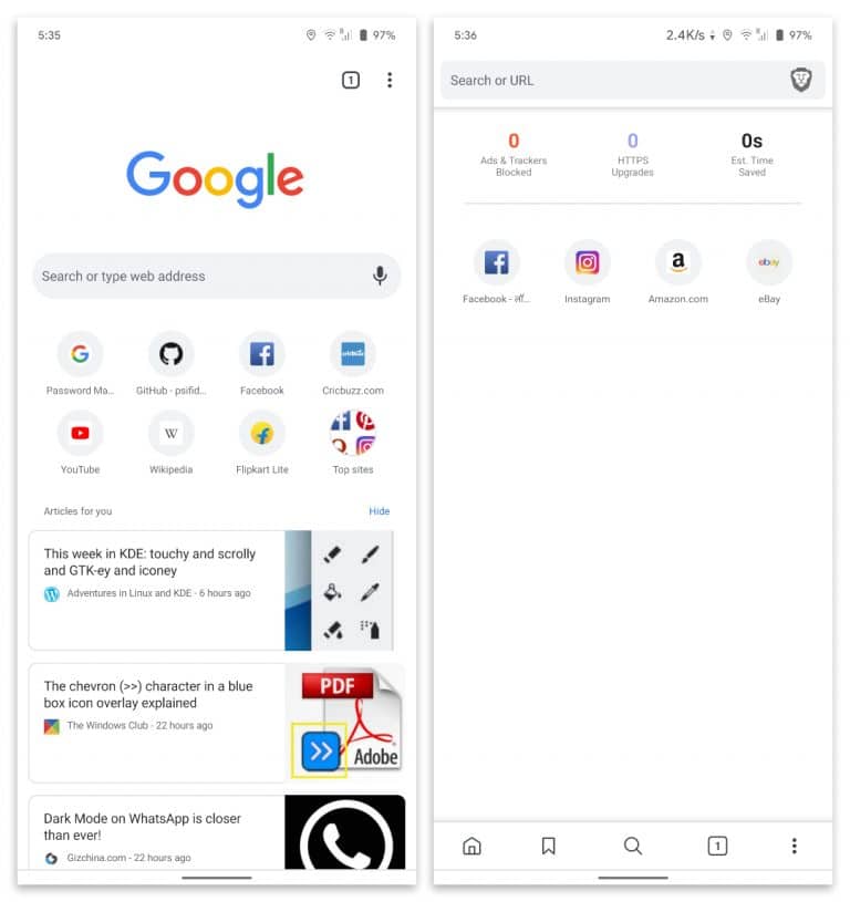 Trình duyệt Brave vs Google Chrome giao diện android