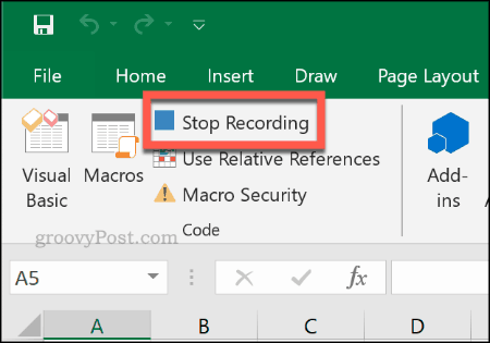 Nút Dừng ghi để dừng ghi macro trong Excel