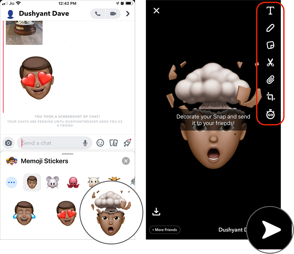 Gửi nhãn Memoji trong Snapchat trên iPhone