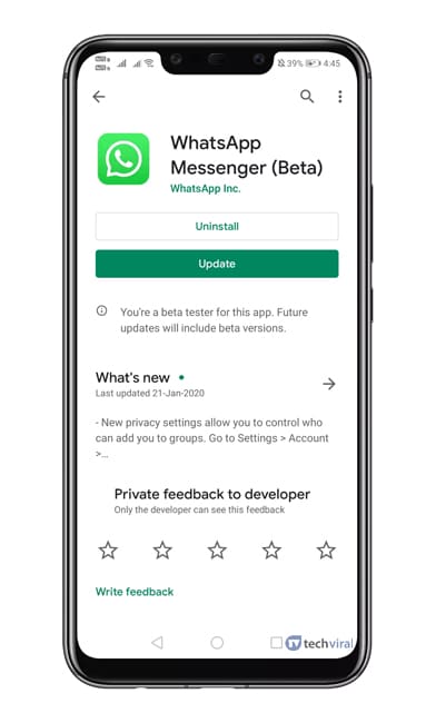 Cập nhật ứng dụng WhatsApp Beta