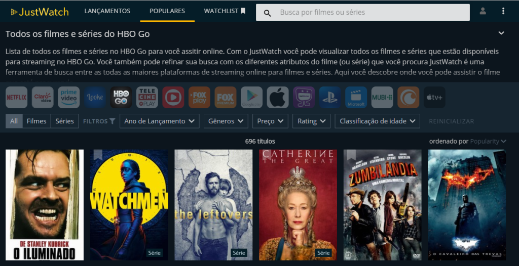 Trên trang web JustWatch, có thể chọn một dịch vụ như HBO GO để nó hiển thị những bộ phim nào có trong danh mục