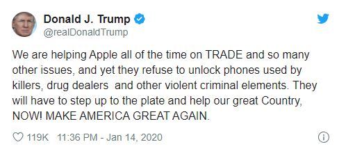   Trump đặt vào Apple trong một tweet gây tổn hại về một hàng an ninh mạng đang diễn ra
