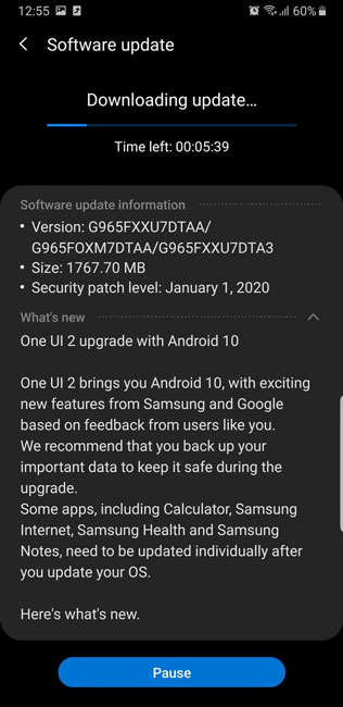 Samsung Galaxy Cập nhật Android 10 S9
