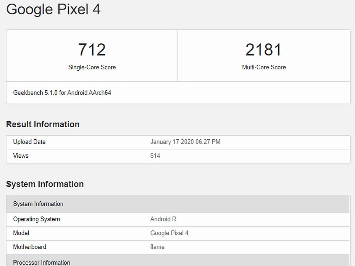 Android R Developer Preview Spotted Running on Google Pixel 4 on Geekbench