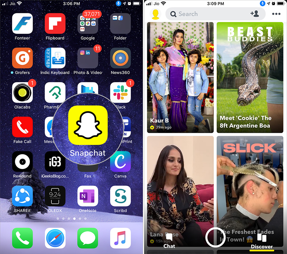 Khởi chạy Snapchat và Chạm vào Khám phá để Mở Snaps và Câu chuyện trên iPhone