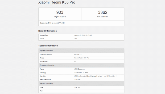 Redmi K30 Pro Geekbench