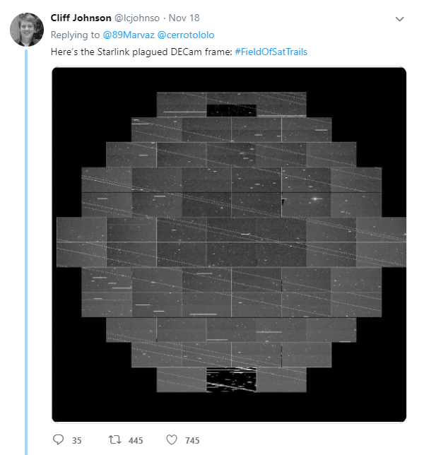   Hình ảnh này được tweet bởi một nhà nghiên cứu cho thấy các vệ tinh Starlink đi qua một khung hình