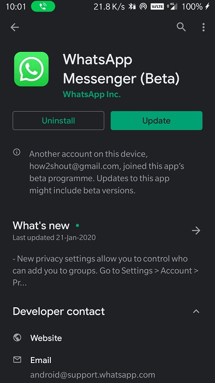 Cập nhật bản beta WhatsApp