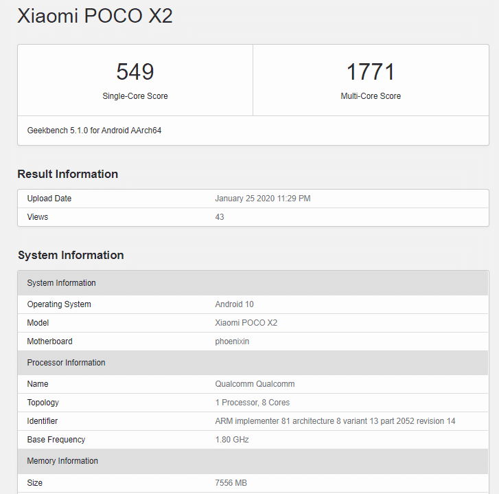 Thông số kỹ thuật RAM điện thoại thông minh Poco X2
