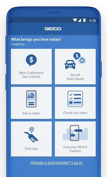Ứng dụng bảo hiểm tự động tốt nhất cho Android - Chính sách di động của Geico