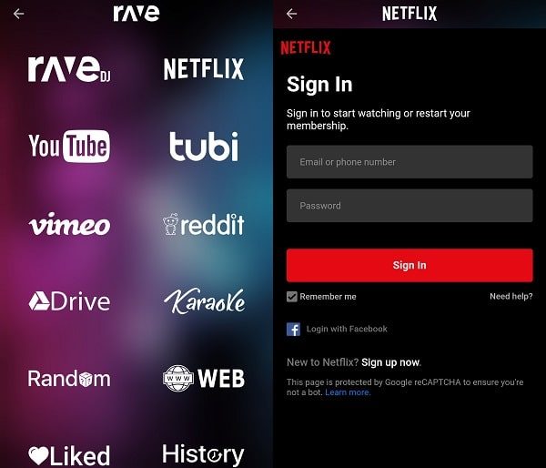 Chọn Netflix và đăng nhập trong Rave