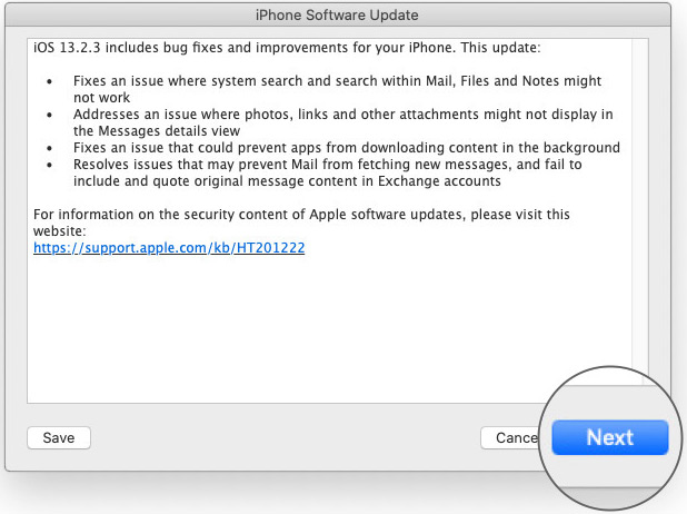 Nhấp vào Tiếp theo trong Cập nhật phần mềm iPhone trên máy Mac
